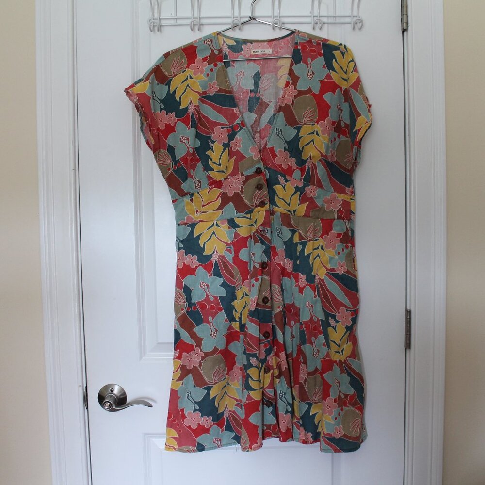 MARINE LAYER Camila Mini Dress Hibiscus Floral L Large pockets button up hemp
